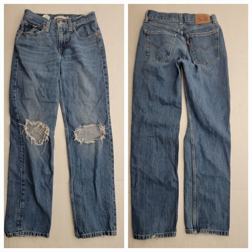 Levis Jeans Womens Sz 25 Low Pro Straight Denim Distressed 100% Cotton Rigid